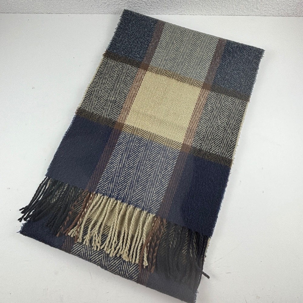 Tommy Hilfiger Scarf Unisex OS Blue Plaid Herringbone Fringe Wool Blend‎ Preppy